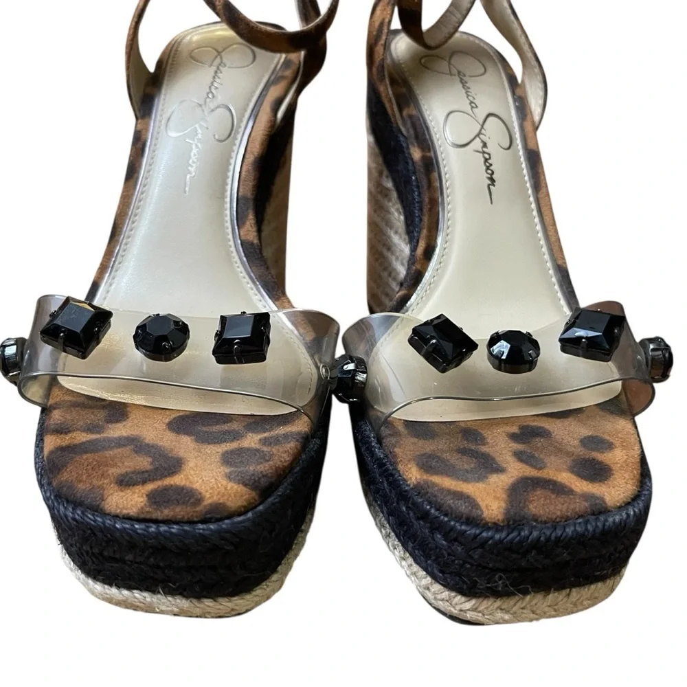 Jessica Simpson Leopard Espadrille Wedge Sandals Clear Strap Gem Studs Size 7
